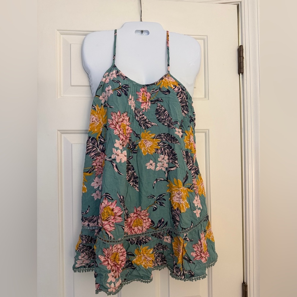 Ocean Drive Floral Swing Tank Top Boho Ruffle Hem Teal Pink Size M